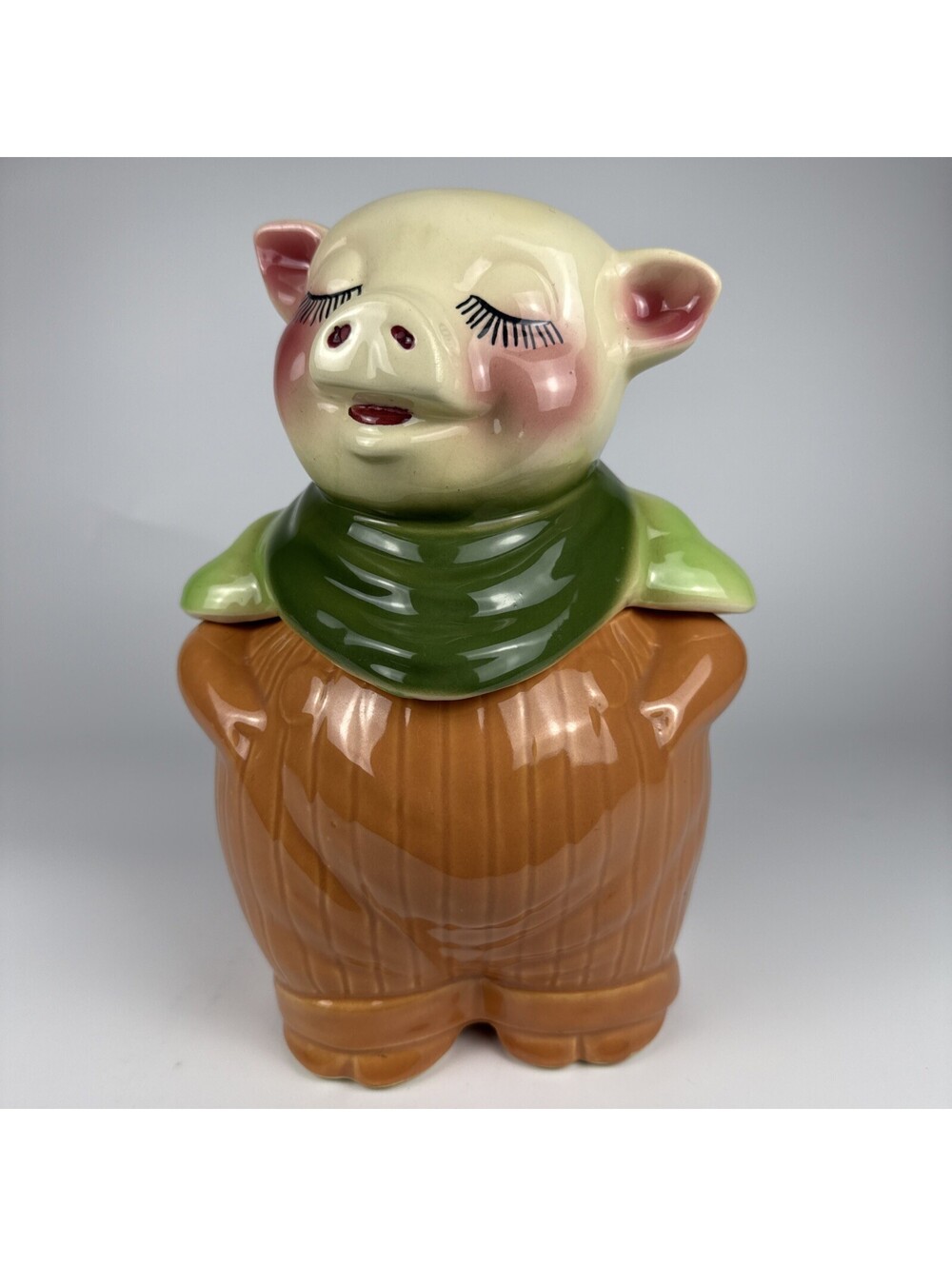 Shawnee Smiley Pig Cookie Jar / Bank Art Pottery Green Bandana Orange Overalls